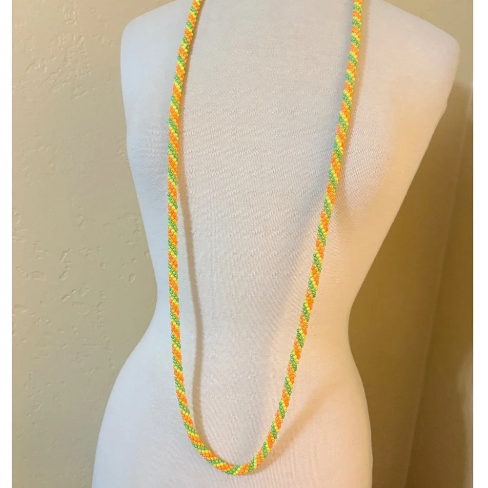Vintage Style Orange Green Yellow Beaded Rope Necklace Spiral Seed Bead 50 Inch